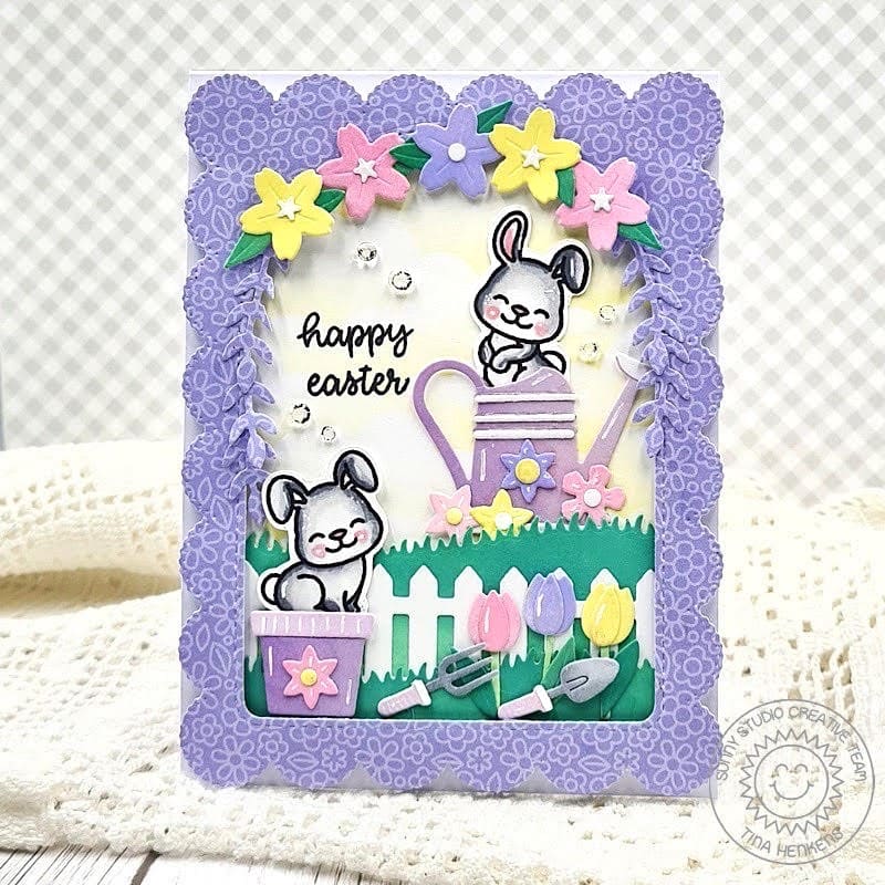 Sunny Studio Stamps Bunnies with Flower Pots, Tulips & Watering Can Easter Card using Spring Garden Metal Cutting Craft Dies