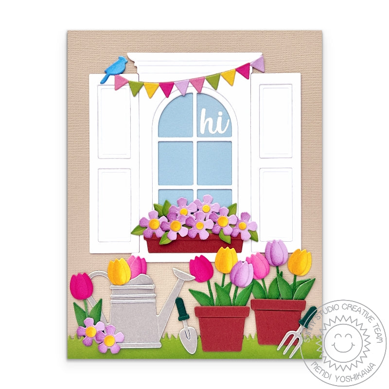 Sunny Studio Stamps House Home Window with Watering Can, Flowers & flowerpot Card using Wonderful Windows Metal Cutting Dies