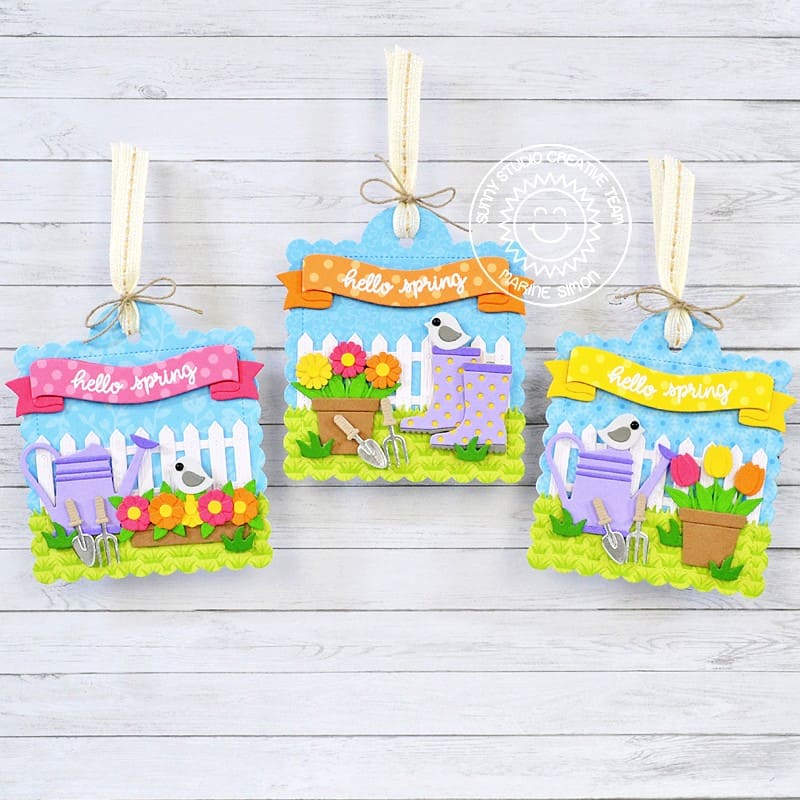 Sunny Studio Stamps Hello Spring Gardening Watering Can & Flowers Scalloped Gift Tags using Brilliant Banner 1 Craft Dies