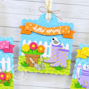 Sunny Studio Stamps Hello Spring Gardening Boots, Watering Can & Flowers Scalloped Gift Tags using Rainy Days Metal Craft Die