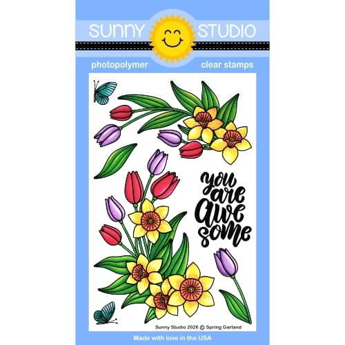 Sunny Studio Clear Tulips & Daffodils Spring Garland 4x6 Clear Photopolymer Craft Stamps SSLC-400
