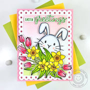 Sunny Studio Pink Tulip Flowers & Daffodils Easter Bunny Scalloped Spring Card using Spring Garland 4x6 Clear Craft Stamps