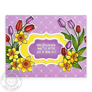 Sunny Studio Stamps Tulips & Daffodil Flowers with Label Friendship Card using Icing Rectangle Frame Metal Cutting Craft Dies
