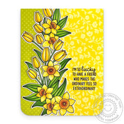 Sunny Studio Spring Tulips & Daffodils Flowers Friendship Card using Inside Greetings Friends Clear Sentiment Craft Stamps