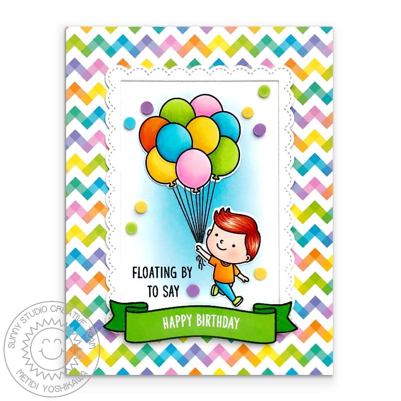 Sunny Studio Boy with Balloon Bouquet Rainbow Chevron Handmade Birthday Card (featuring Floating By 2x3 Mini Stamps)