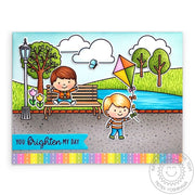 Sunny Studio Rainbow Striped Boy Flying Kite at Park Handmade Card using Spring Scenes 4x6 Border Clear Stamps