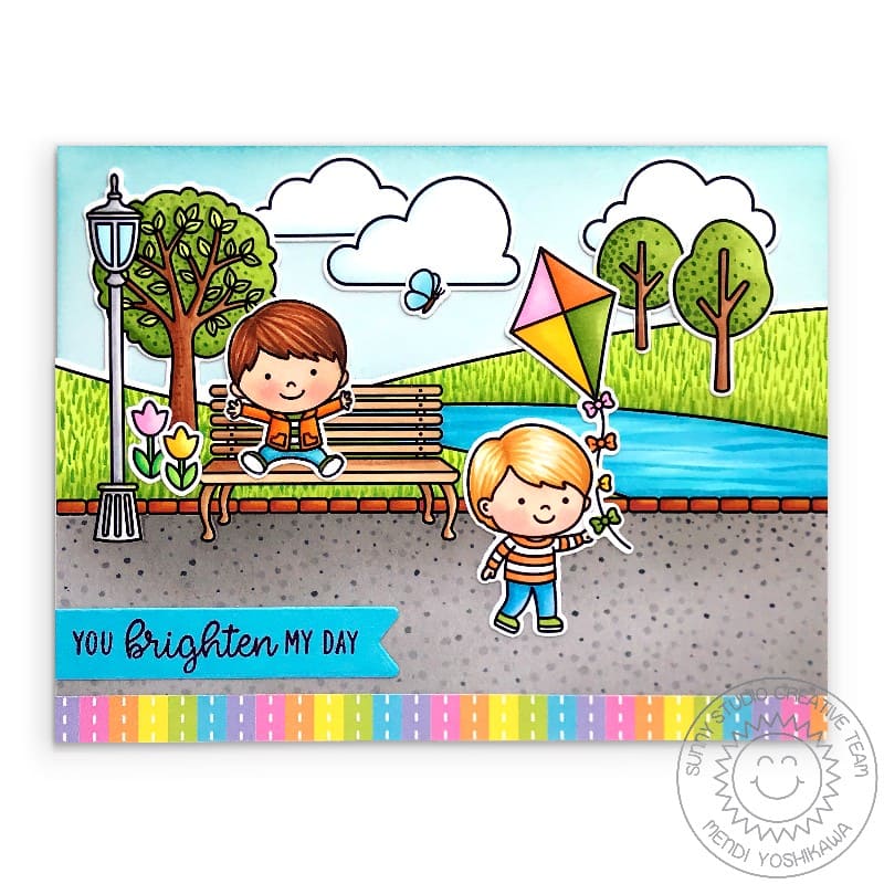 Sunny Studio Rainbow Striped Boy Flying Kite at Park Handmade Card using Spring Scenes 4x6 Border Clear Stamps