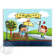 Sunny Studio You Brighten My Day Kids Playing At the Park with Umbrella & Butterfly Net Card using Spring Scenes Clear Stamps