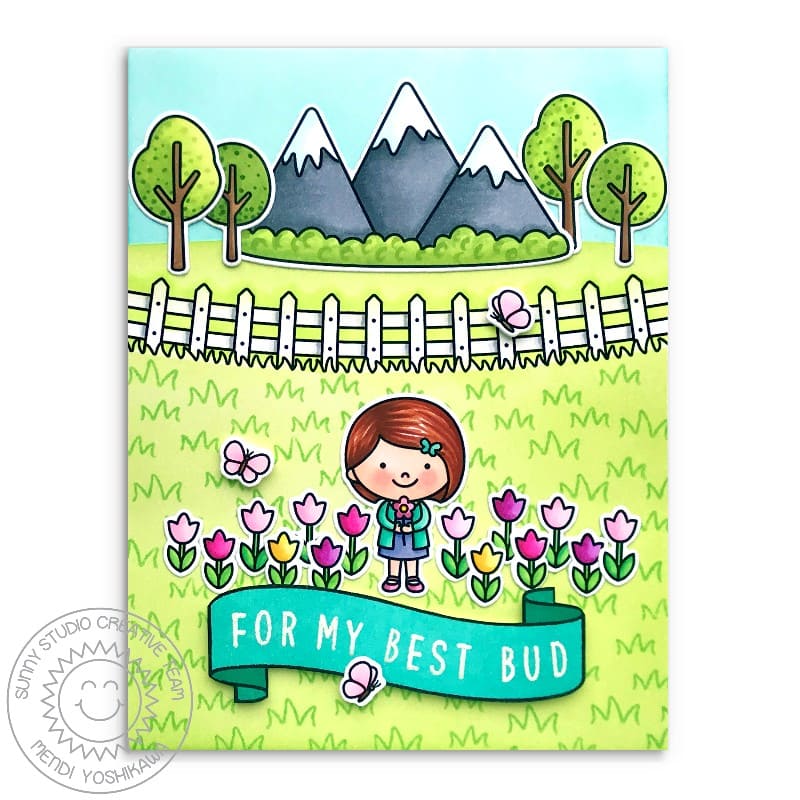 Sunny Studio Girl in a Tulip Field with Fence, Trees & Mountains Handmade Card using Spring Scenes 4x6 Border Clear Stamps