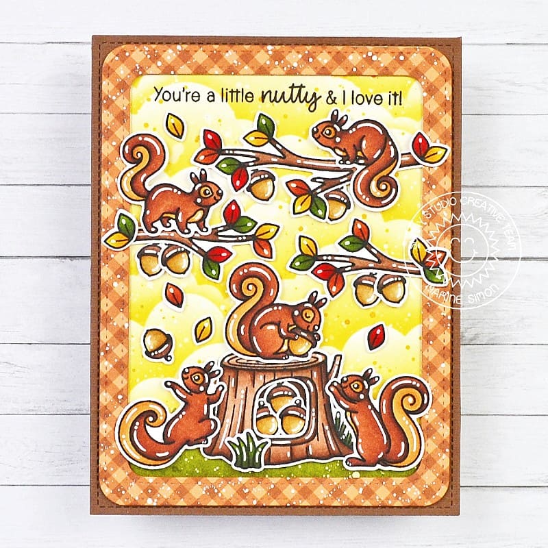 Sunny Studio You're A Little Nutty & I love it Squirrels Playing in Tree Fall Card using Squirrel Friends Clear Craft Stamps