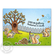 Sunny Studio Leaves are Falling, Autumn is Calling, Squirrel Raking Fall Tree Card using Squirrel Friends Clear Craft Stamps