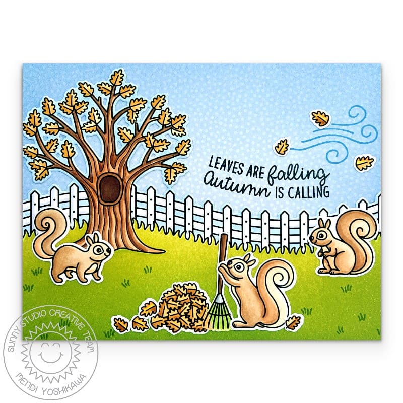 Sunny Studio Leaves are Falling, Autumn is Calling, Squirrel Raking Fall Tree Card using Squirrel Friends Clear Craft Stamps