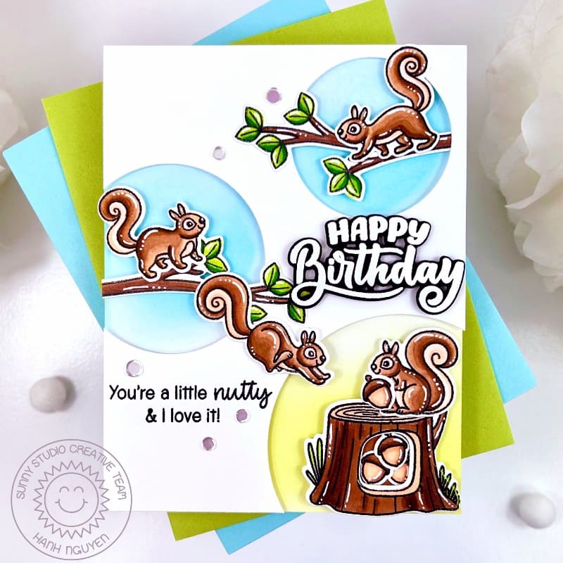 Sunny Studio You're A Little Nutty & I love it Squirrels in Trees Birthday Card using Squirrel Friends 4x6 Clear Craft Stamps