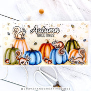 Sunny Studio Autumn Greetings Squirrels with Colorful Pumpkins Slimline Fall Card using Squirrel Friends Clear Craft Stamps