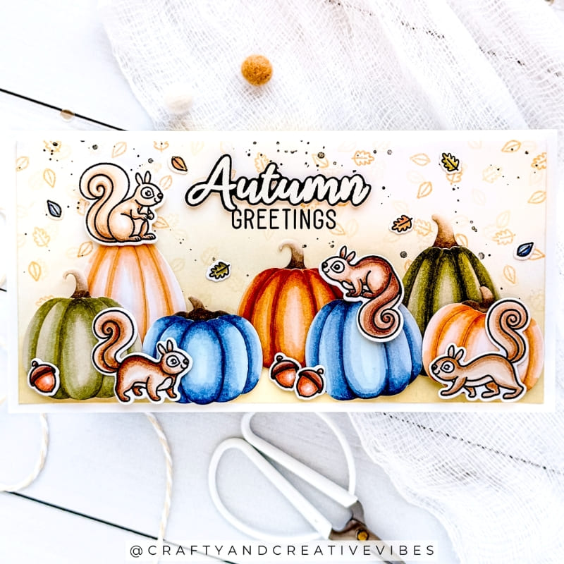 Sunny Studio Autumn Greetings Squirrels with Colorful Pumpkins Slimline Fall Card using Squirrel Friends Clear Craft Stamps