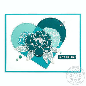 Sunny Studio Stamps CAS Monochromatic Teal Graphic Peonies Stitched Heart Card using Stitched Arch Metal Cutting Dies