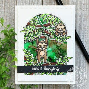Sunny Studio Stamps Sloth Hanging from Jungle Vines Handmade Card with Arched Window using Stitched Arch Metal Cutting Dies