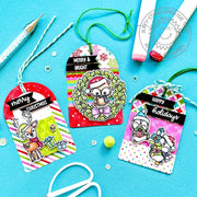 Sunny Studio Stamps Reindeer, Owl & Penguin Colorful Christmas Holiday Gift Tags using All Is Bright 6x6 Patterned Paper Pad