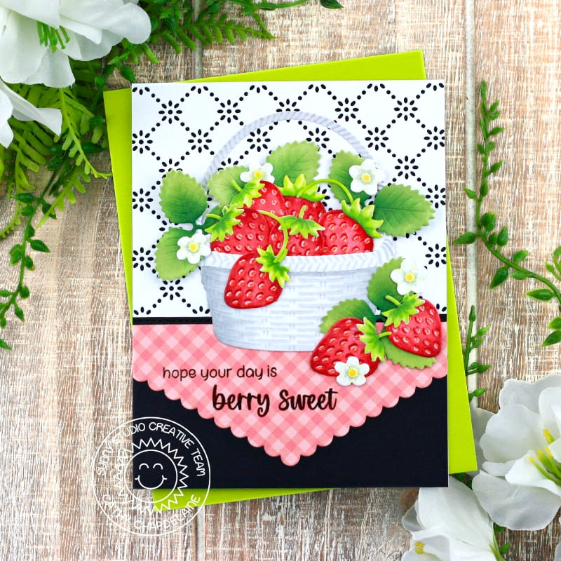 Sunny Studio Stamps Hope Your Day is Berry Sweet Strawberries in Basket Punny Summer Card using Fishtail Banner II Craft Dies