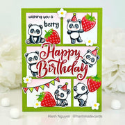 Sunny Studio Wishing You A Berry Happy Birthday Pandas with Strawberries Summer Card using Panda Party Clear Craft Stamps