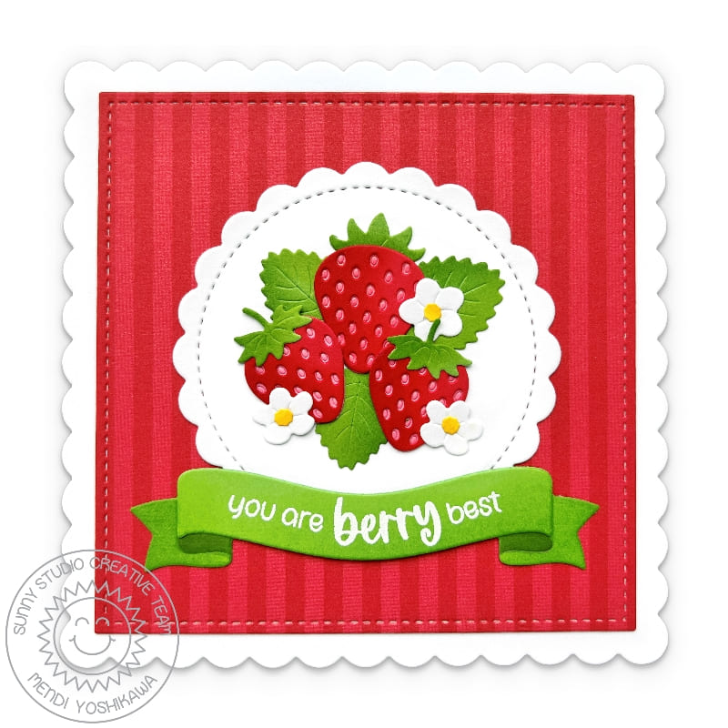 Sunny Studio Stamps You are The Berry Best Punny Strawberries Scalloped Summer Card using Stitched Square Metal Craft Dies