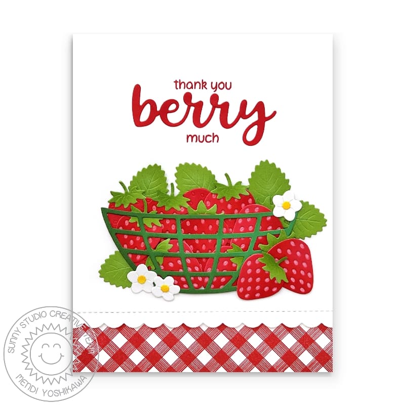 Sunny Studio Thank You Berry Much Punny Strawberries in Basket Summer Card using Punny Fruit Greetings 4x6 Clear Craft Stamps