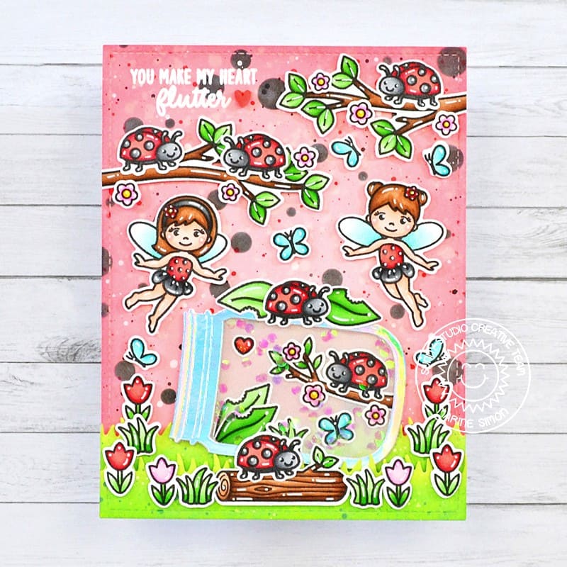Sunny Studio You Make My Heart Flutter Fairies & Ladybugs in Jar Summer Card using Garden Fairy 4x6 Clear Craft Stamps