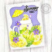Sunny Studio Stamps Lemons Lemonade Jar Mug Lavender Summer Vibes Card using Limitless Labels 1 Stitched Metal Craft Dies