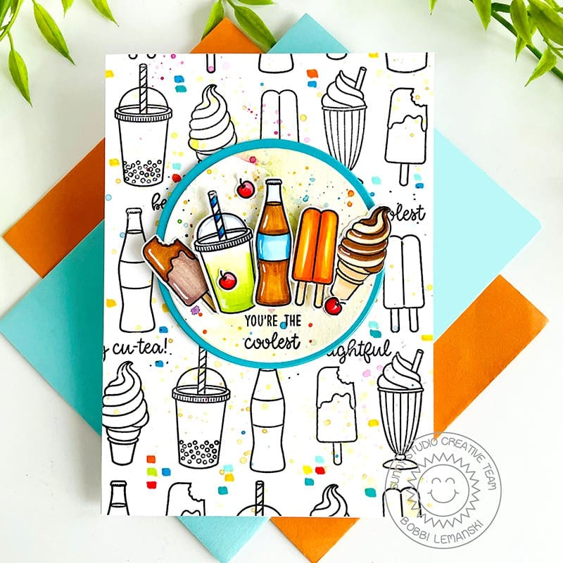 Sunny Studio You're the Coolest Popsicle, Cola, Boba Tea & Ice Cream Cone Card (using Summer Sweets 4x6 Clear Stamps)