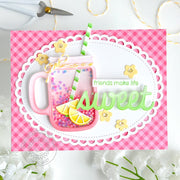Sunny Studio Stamps Friends Make Life Sweet Lemonade Jar Mug Summer Card using Scalloped Oval Mat 3 Metal Cutting Craft Dies