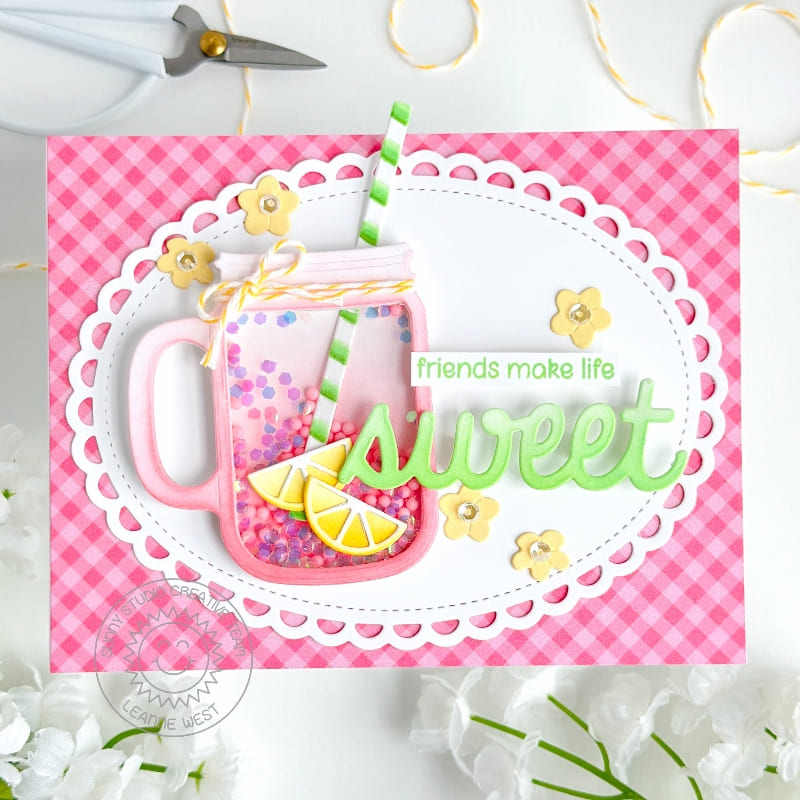 Sunny Studio Stamps Friends Make Life Sweet Lemonade Jar Mug Summer Card using Scalloped Oval Mat 3 Metal Cutting Craft Dies