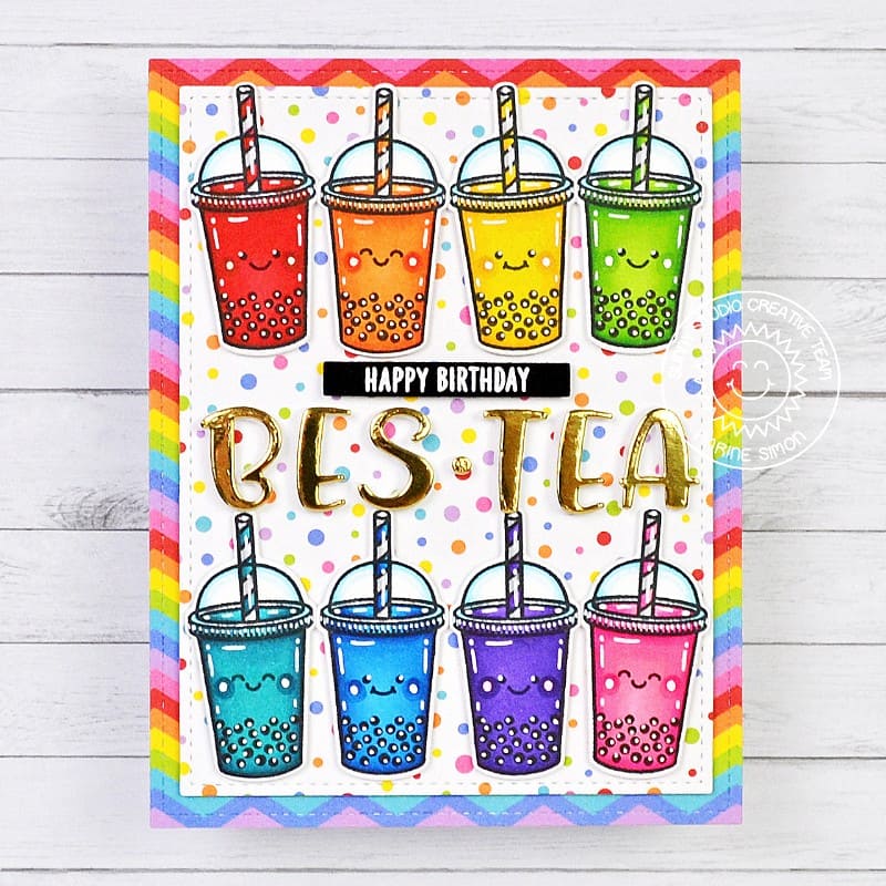 Sunny Studio Rainbow Boba Bubble Tea You're My Bes-Tea Punny Birthday Card for Friends using Summer Sweets Clear Craft Stamps