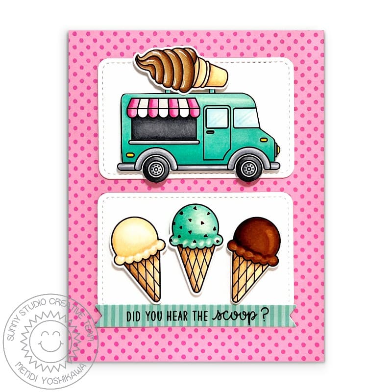 Sunny Studio Did You Hear The Scoop? Chocolate Ice Cream Truck Pink Polka-dot Card using Cruisin' Cuisine Clear Craft Stamps