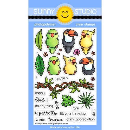 Sunny Studio Tropical Birds 4x6 Clear Photopolymer Stamps Craft Set featuring Parrot, Cockatiel, & Toucan Birds
