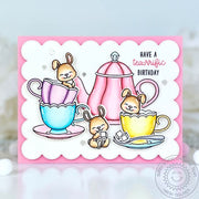 Sunny Studio Teapot, Teacups, & Bunny Rabbits Pink Scalloped Handmade Birthday Card using Afternoon Tea Clear Craft Stamps