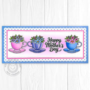 Sunny Studio Row of Teacups Filled With Flowers Scalloped Slimline Mother's Day Card using Afternoon Tea Clear Craft Stamps