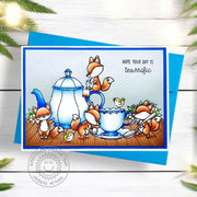 Sunny Studio Fox with Teacup & Teapot on Wood Floor DIY Handmade Birthday Card using Sprawling Surfaces Clear Craft Stamps