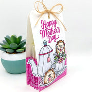 Sunny Studio Teapot, Teacup, & Hedgehog Handmade Mother's Day Teabag Holder Gift Card using Afternoon Tea Clear Craft Stamps