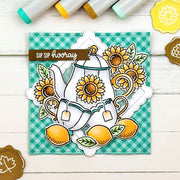Sunny Studio Sunflowers & Lemons Teapot & Teacup Gingham Handmade Mother's Day Card using Afternoon Tea Clear Craft Stamps