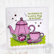 Sunny Studio Pink Peony Teacup & Teapot  Large Scalloped Square Friendship Card using Afternoon Tea Clear Craft Stamps & Dies