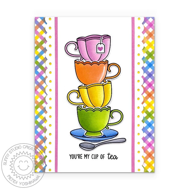 Sunny Studio You're My Cup of Tea Rainbow Gingham Stacked Teacups Handmade DIY Card using Afternoon Tea Clear Craft Stamps