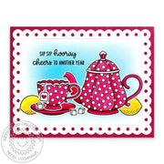 Sunny Studio Red & White Polka-dot Teapot & Teacup Scalloped Punny Birthday Card using Afternoon Tea Clear DIY Craft Stamps