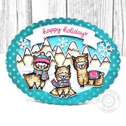 Sunny Studio Llama Scalloped Oval Winter Mountain Scene Handmade Christmas Card using Alpaca Holiday 4x6 Clear Craft Stamps