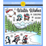 Sunny Studio Alpine Adventure 6x6 Clear Photopolymer Craft Stamps featuring Snowy Fir Trees, Mountains, Polar Bear & Penguins