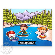 Sunny Studio Beach Babies Kids Playing in Lake Outdoor Scene DIY Birthday Card using Alpine Adventure 6x6 Clear Craft Stamps