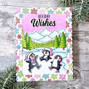 Sunny Studio Ice Skating Penguin Scene Handmade Holiday Wishes DIY Card using Alpine Adventure 6x6 Clear Craft Stamps & Dies