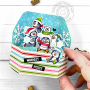 Sunny Studio Ice Skating Penguins Scene Platform Pop-up Handmade Holiday Christmas Card using Alpine Adventure Clear Stamps