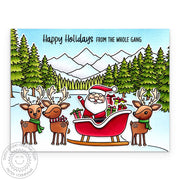 Sunny Studio Santa in Sleigh with Reindeer Snowy Scene DIY Holiday Christmas Card using Santa Claus Lane Clear Craft Stamps