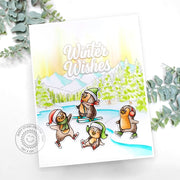 Sunny Studio Ice Skating Penguin Scene Winter Wishes DIY Handmade Holiday Card using Alpine Adventure 6x6 Clear Craft Stamps