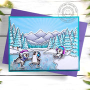 Sunny Studio Ice Skating Penguins Handmade DIY Winter Scene Holiday Christmas Card using Alpine Adventure Clear Craft Stamps